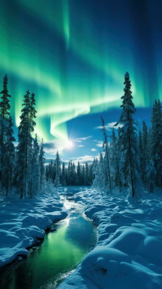 Aurora borealis terminado cubierto de nieve paisaje foto