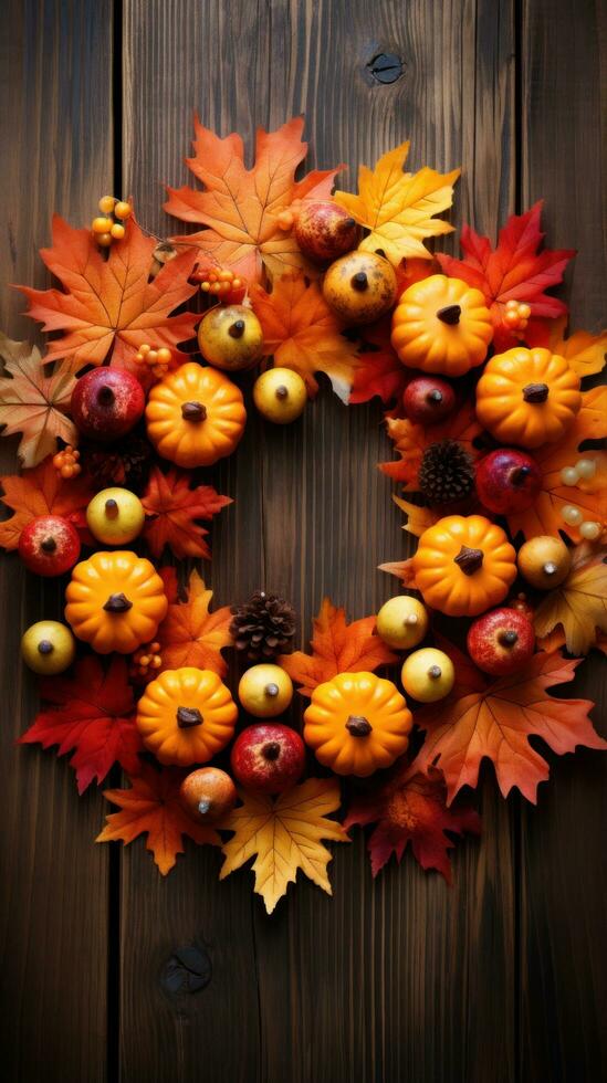 Autumn leaves arranged around Happy Thanksgiving sign photo