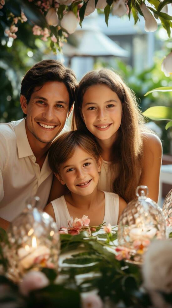 Smiling family gathered around beautifully decorated tab photo