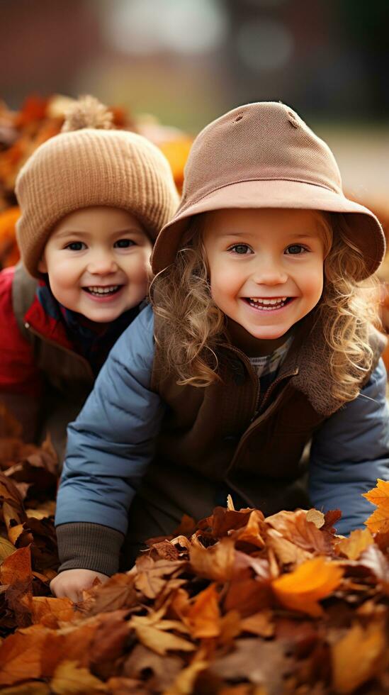 adorable niños jugando en pila de algo de otoño hojas foto