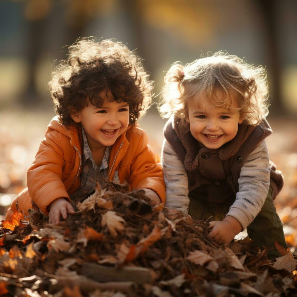 Adorable children playing in piles of autumn leaves photo