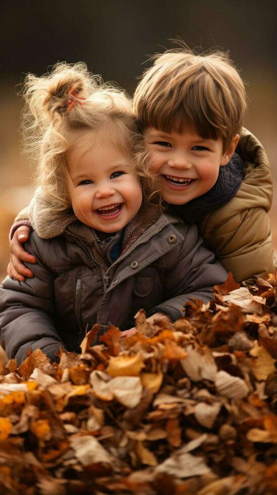 adorable niños jugando en pila de algo de otoño hojas foto