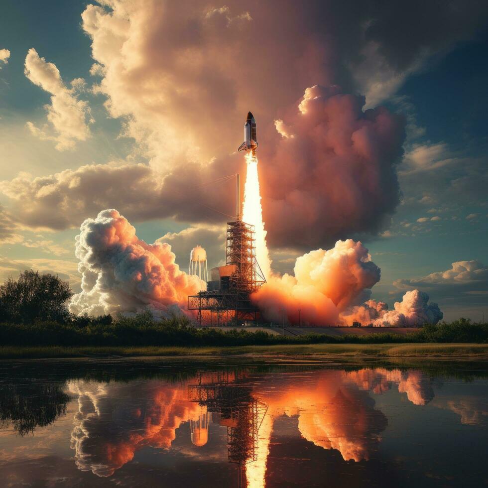 Space shuttle launching into the sky photo