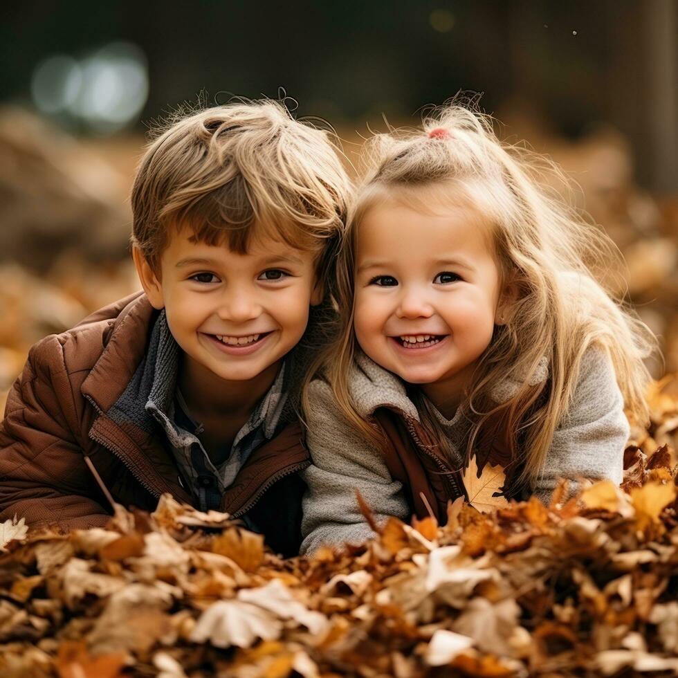 adorable niños jugando en pila de algo de otoño hojas foto