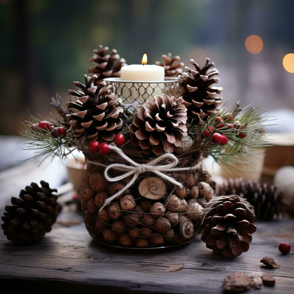 Rustic centerpiece made of twigs and pine cones 29732932 Stock Photo at