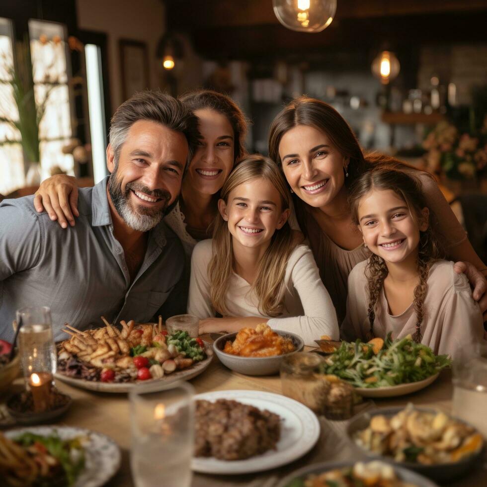 Smiling family gathered around beautifully decorated tab photo