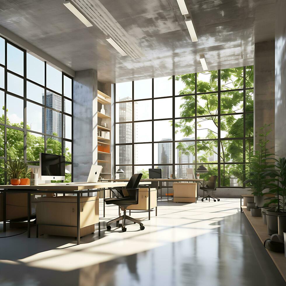 Coworking Modern office interiors with computer technology success photo