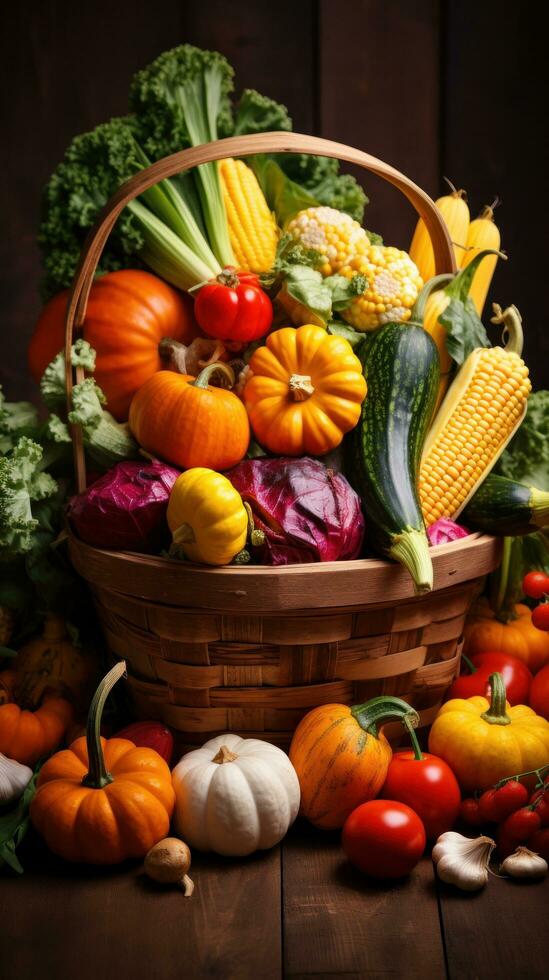 Colorful fall vegetables arranged in rustic basket photo