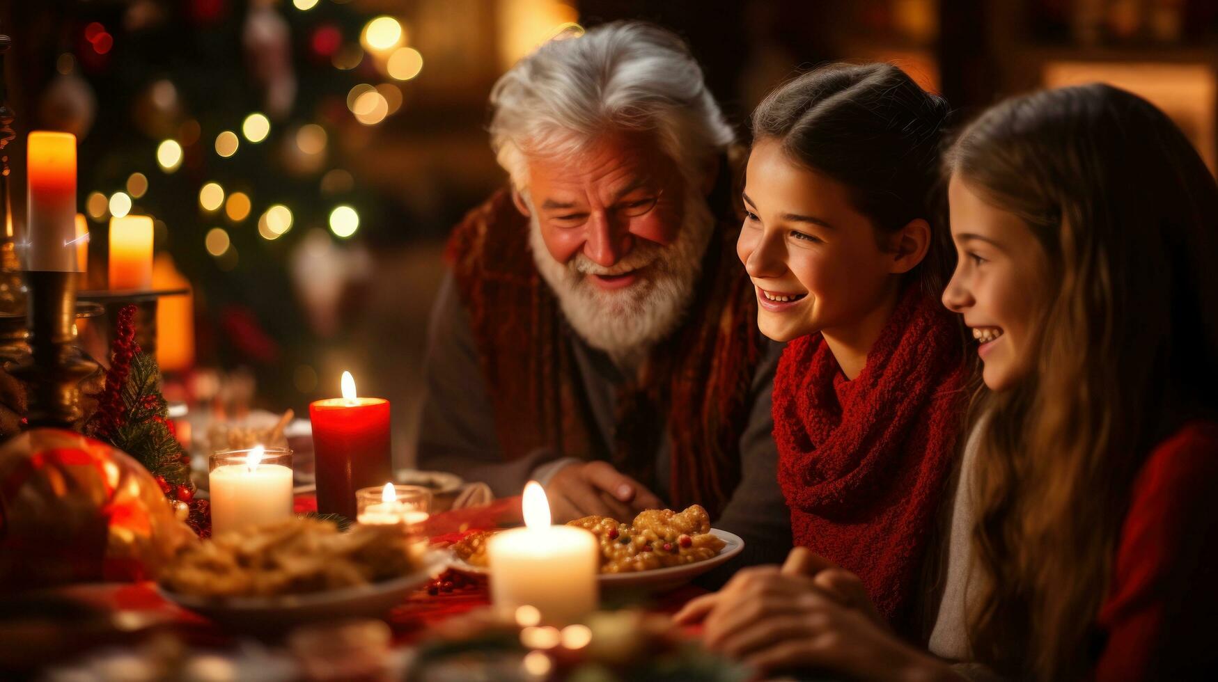 Smiling family gathered around beautifully decorated tab photo