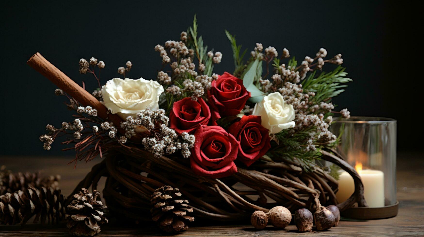 Rustic centerpiece made of twigs and pine cones photo