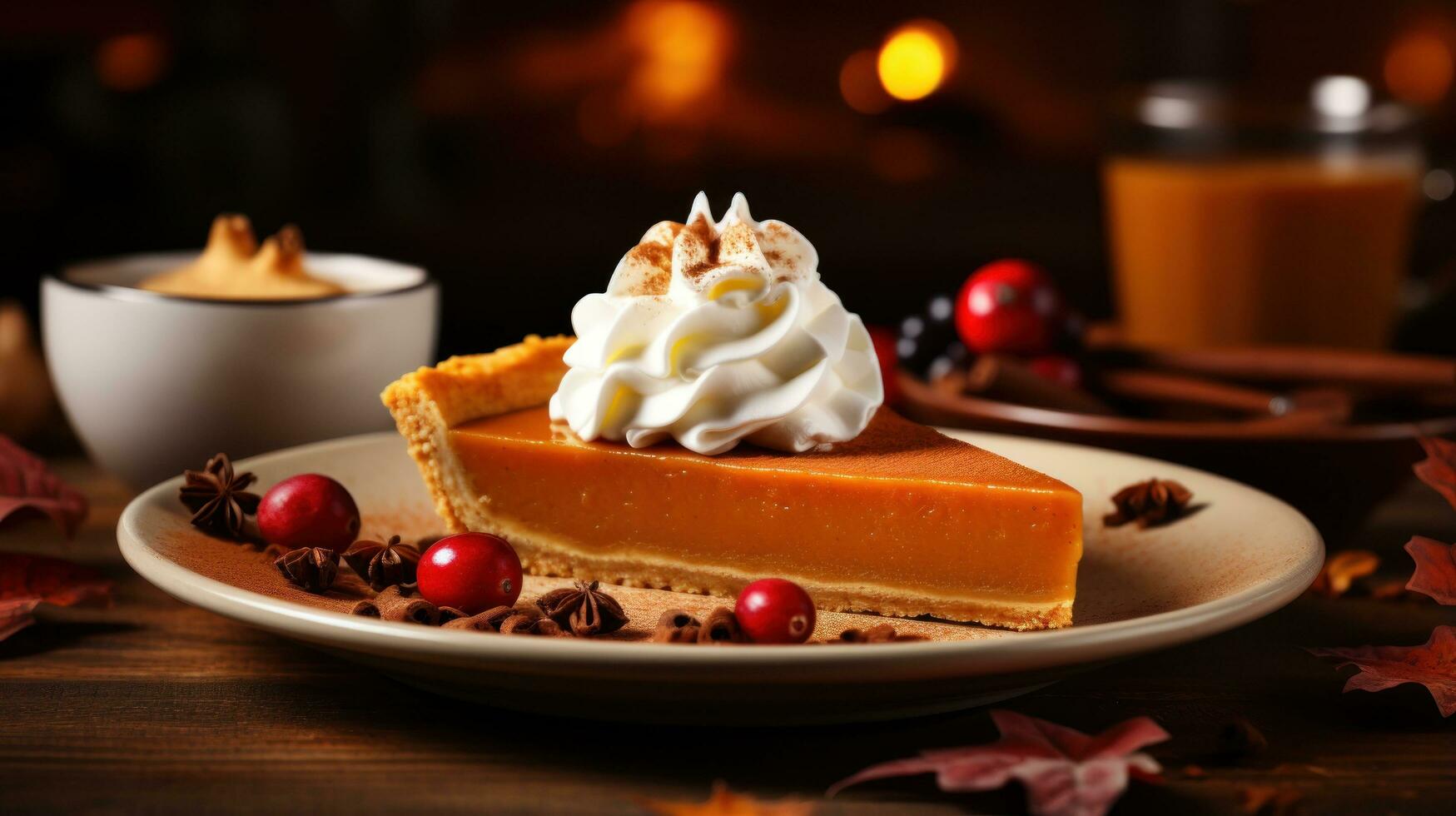Plate of delicious pumpkin pie with whipped cream photo