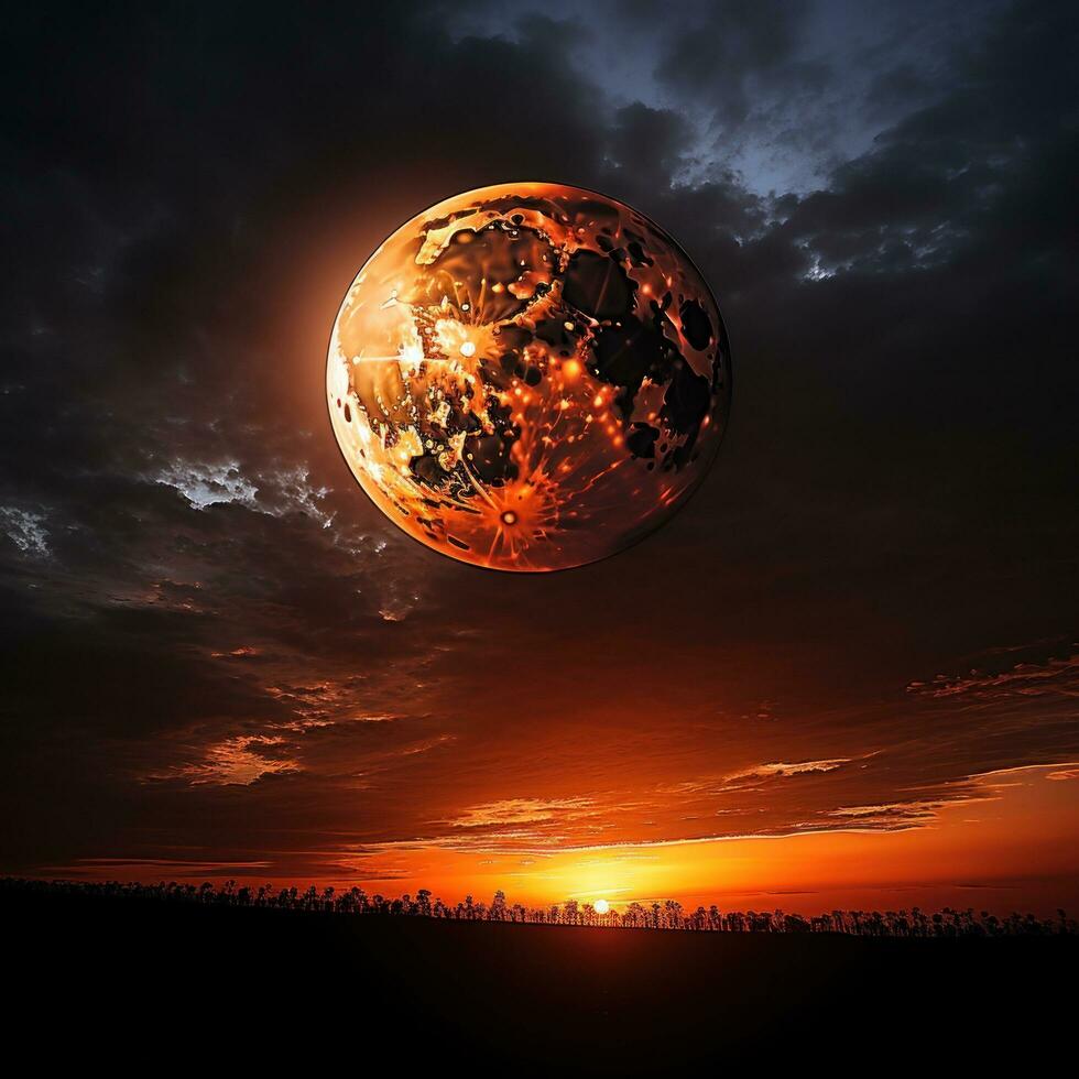 Lunar eclipse with red-tinted moon photo