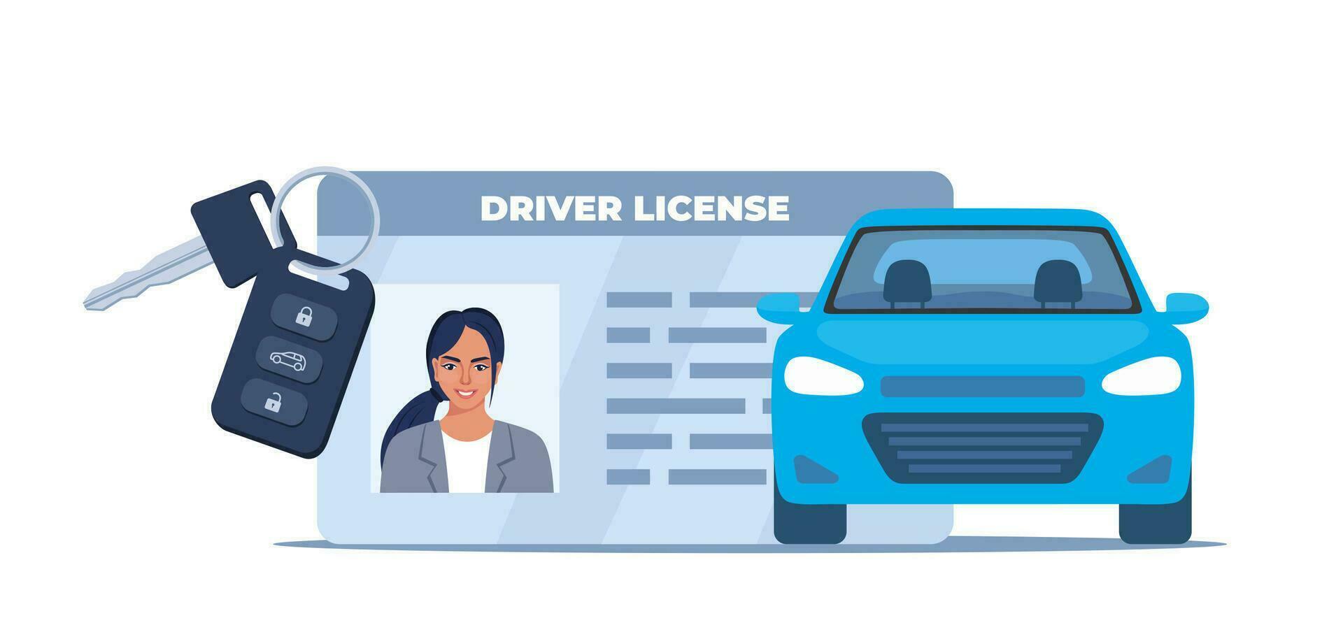 Car driver license identification with photo, keys and car. Vector illustration.
