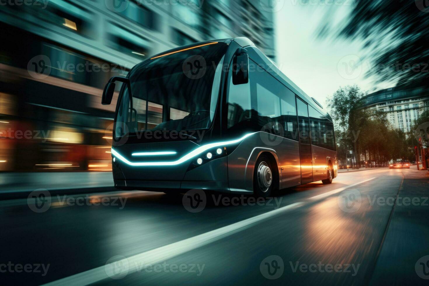 Electric bus at city street. Modern public transport. Generative AI photo