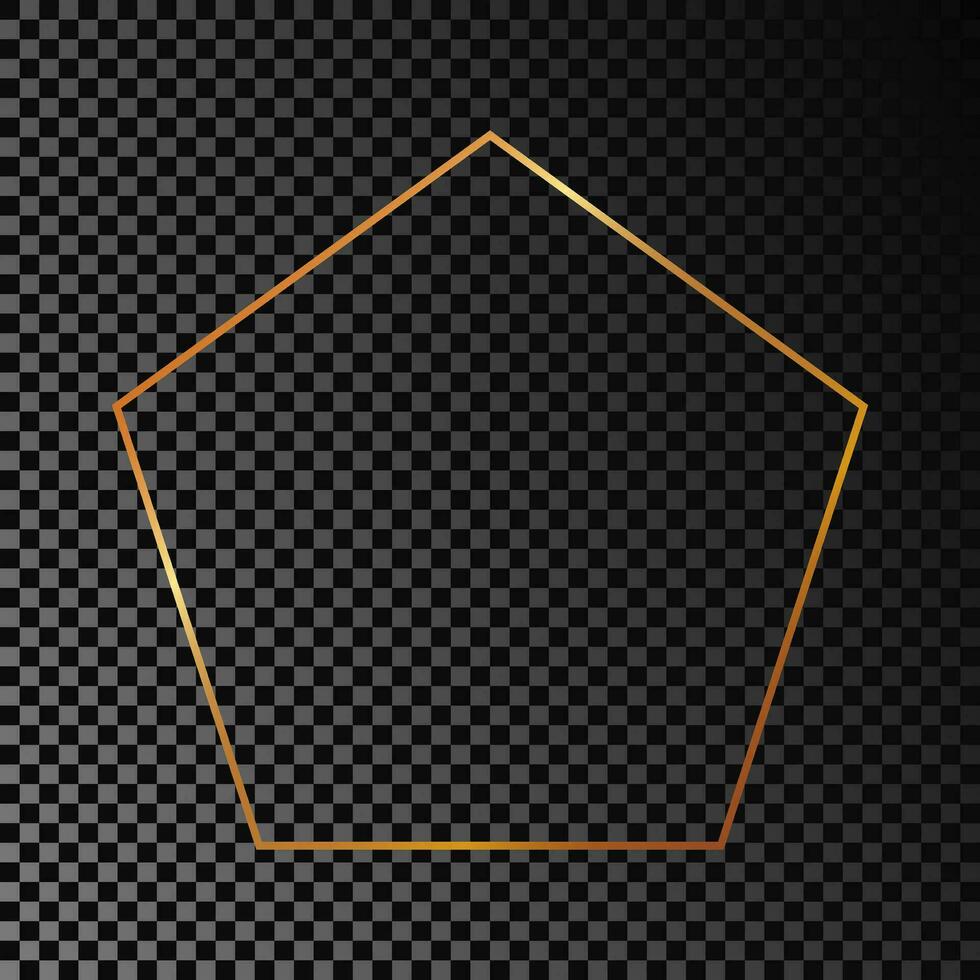 Gold glowing pentagon shape frame isolated on dark background. Shiny frame with glowing effects. Vector illustration.