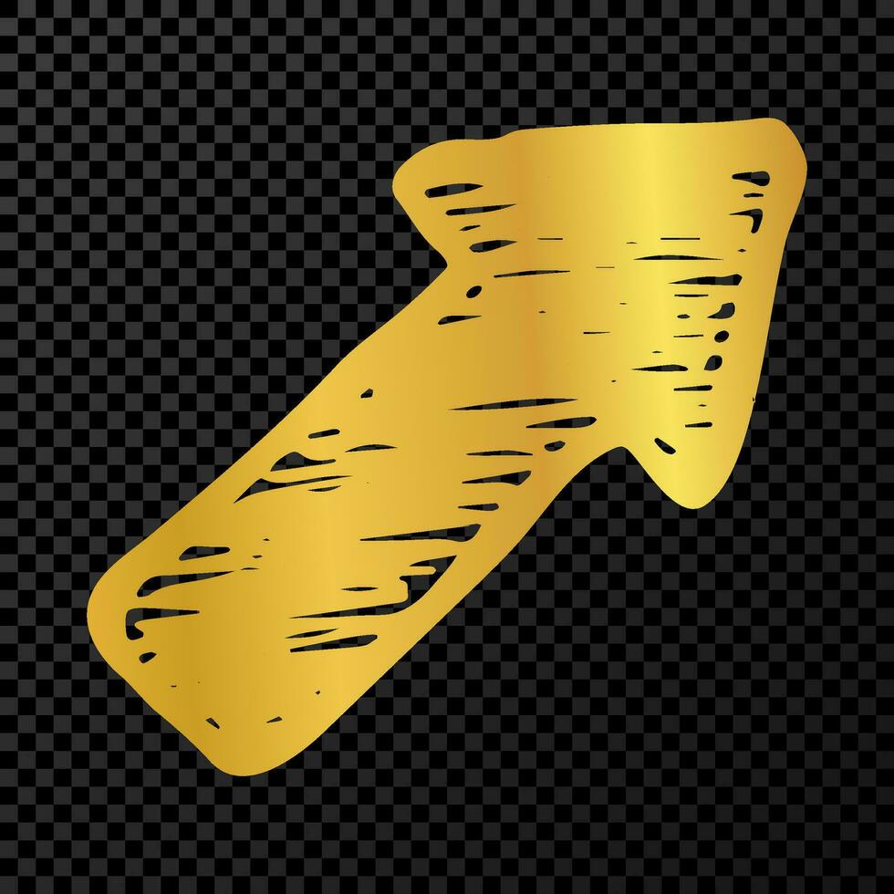 Gold hand drawn arrow. Sketch of gold doodle arrow isolated on dark background. Vector illustration.