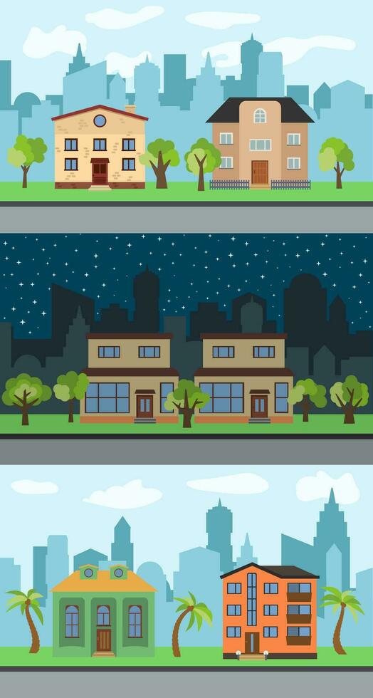 Set of three vector illustrations of city street with cartoon houses and trees. Summer urban landscape. Street view with cityscape on a background