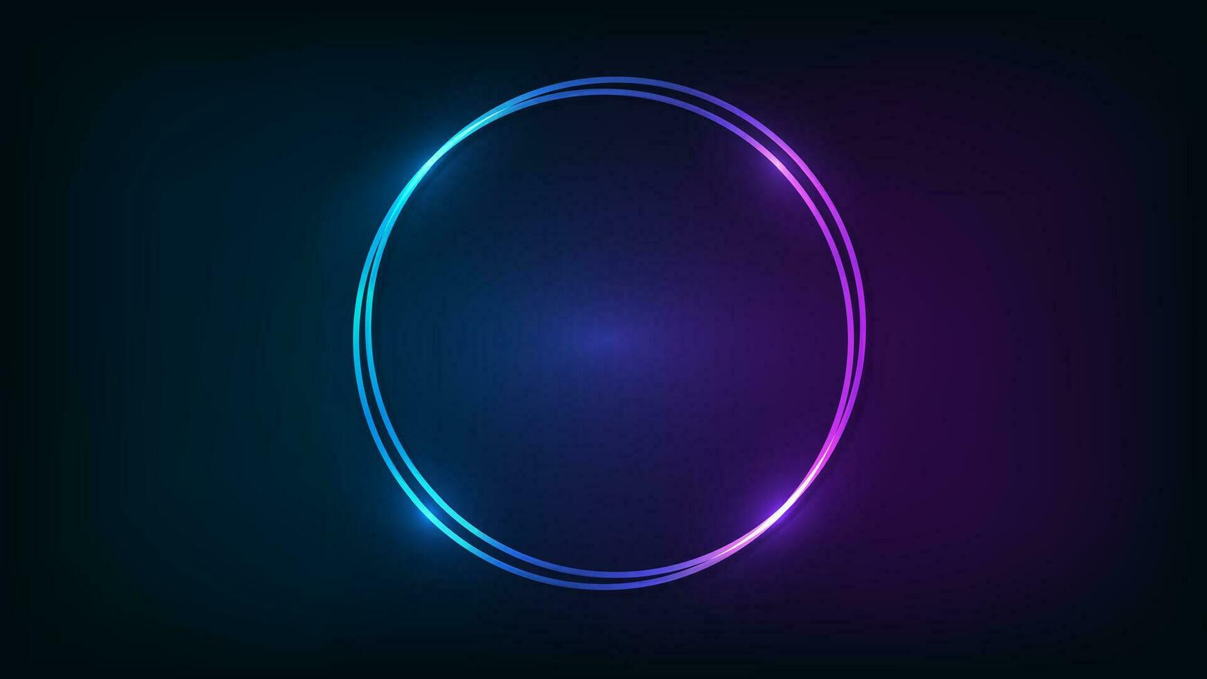 Neon double round frame with shining effects on dark background. Empty glowing techno backdrop. Vector illustration.