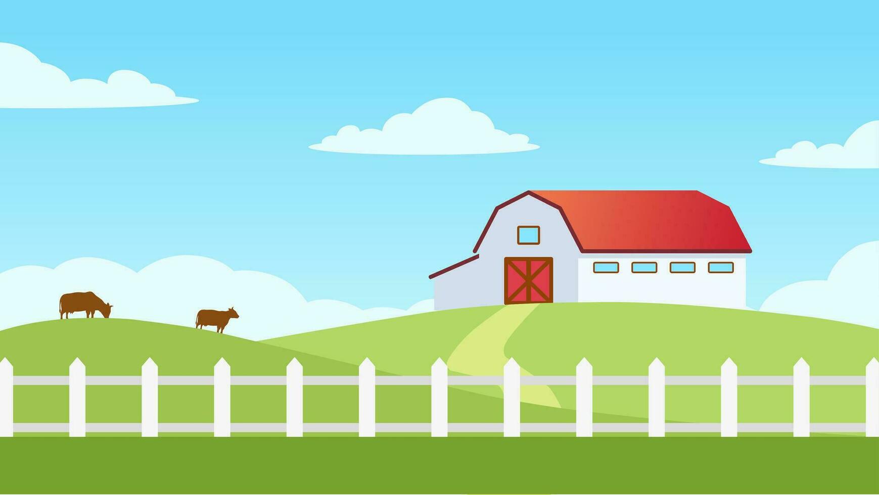 Countryside farm landscape vector illustration. Farm landscape in green hill with barn, fence and cow livestock. Rural agriculture landscape for background, wallpaper or landing page