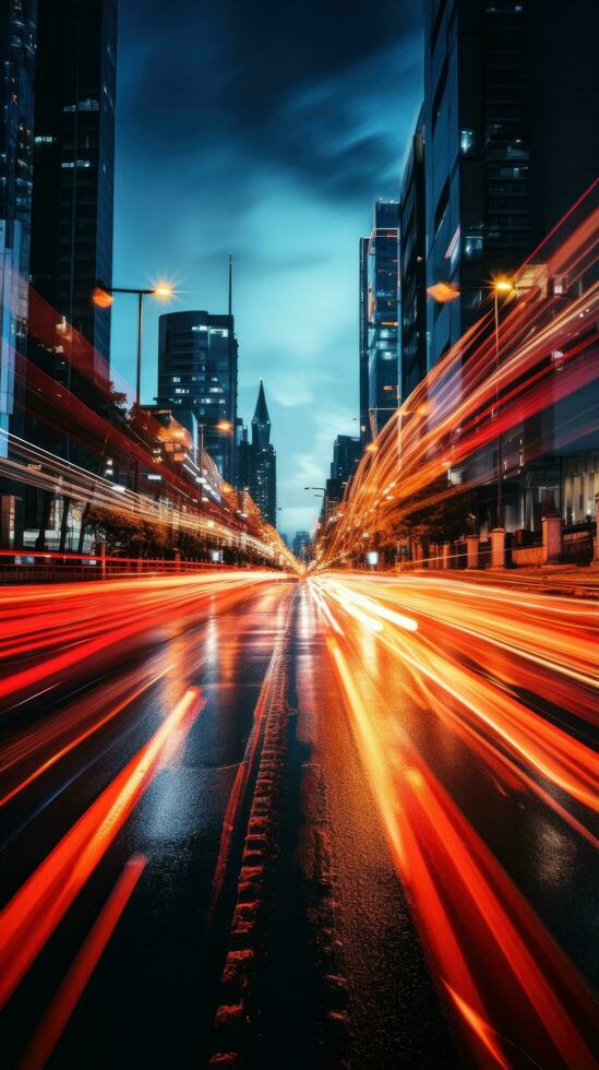 Colorful light trails from passing cars at night photo