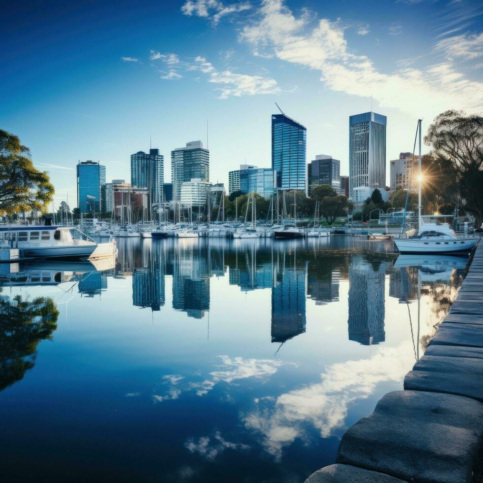 Serene waterfront cityscape with reflections in water photo