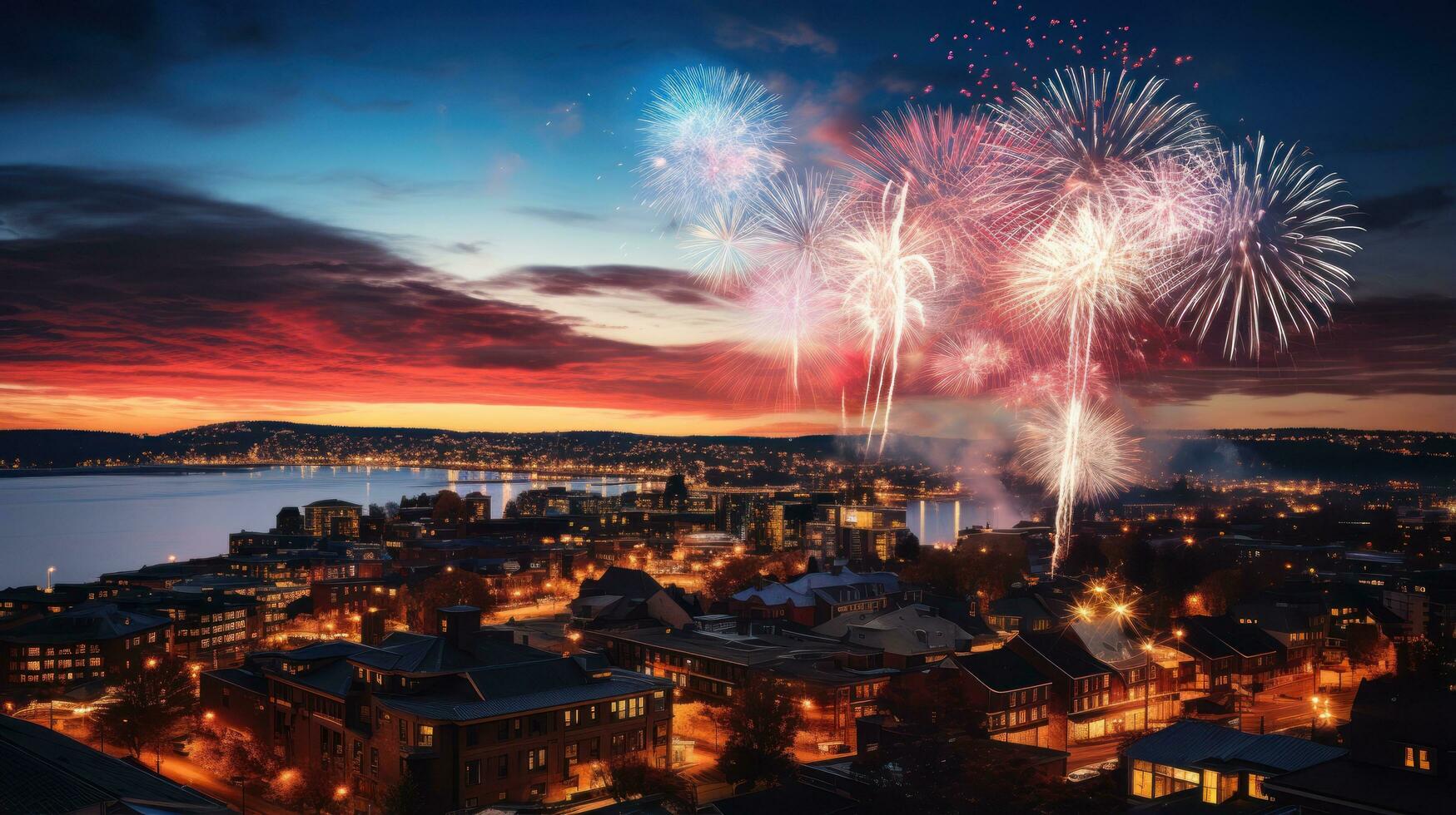 Spectacular fireworks display over downtown buildings photo