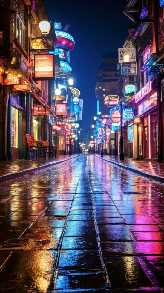 Vibrant streetscapes alive with neon lights photo