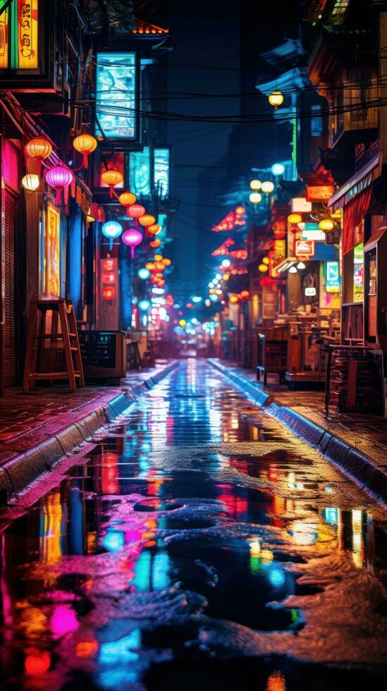 Vibrant streetscapes alive with neon lights photo