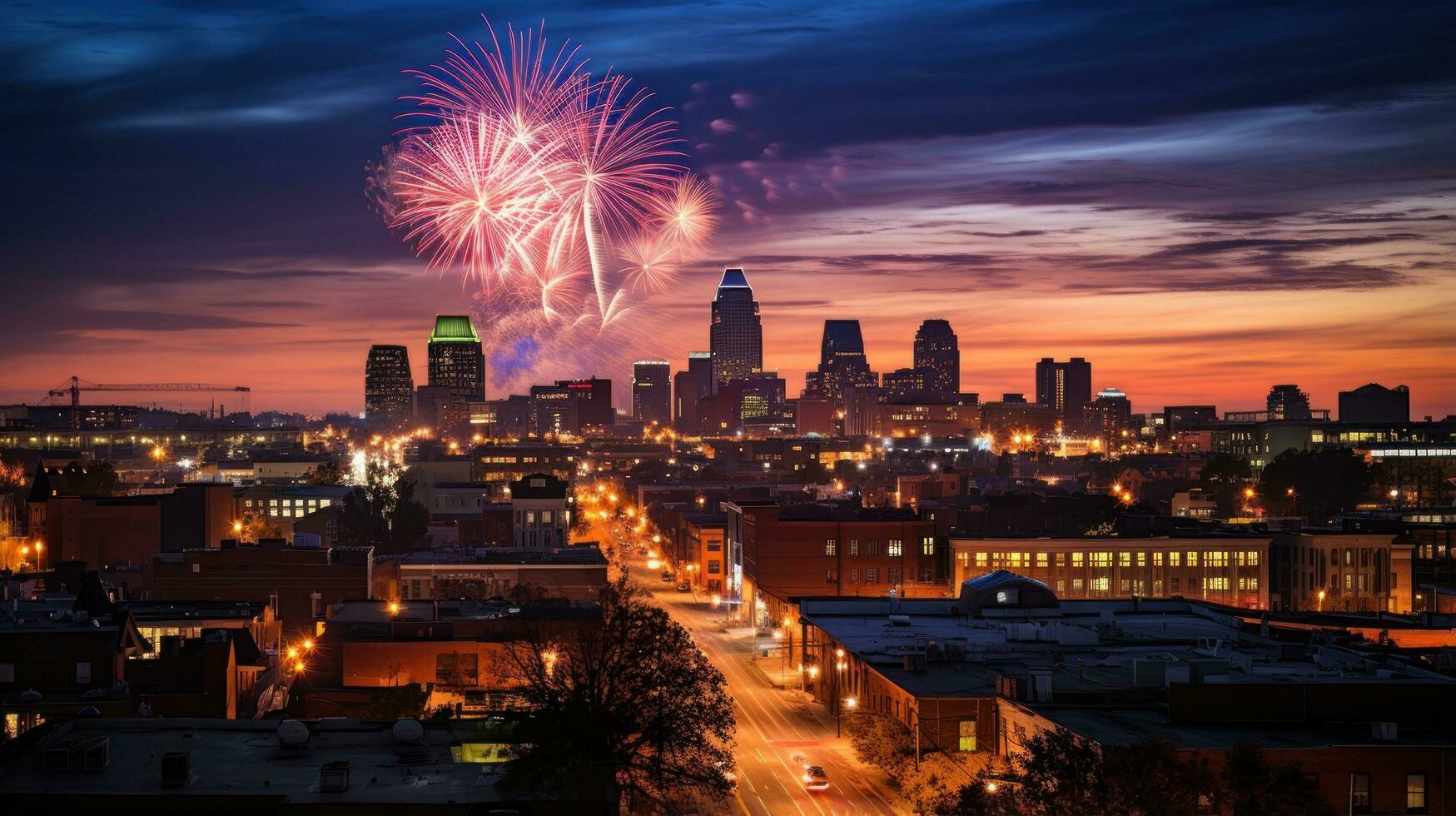 Spectacular fireworks display over downtown buildings photo