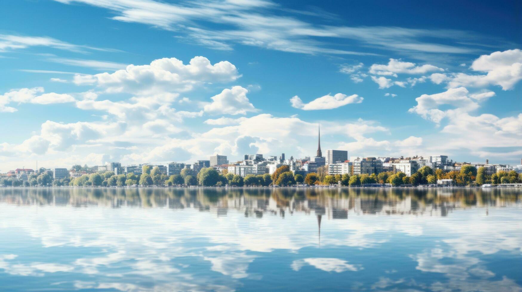 Serene waterfront cityscape with reflections in water photo