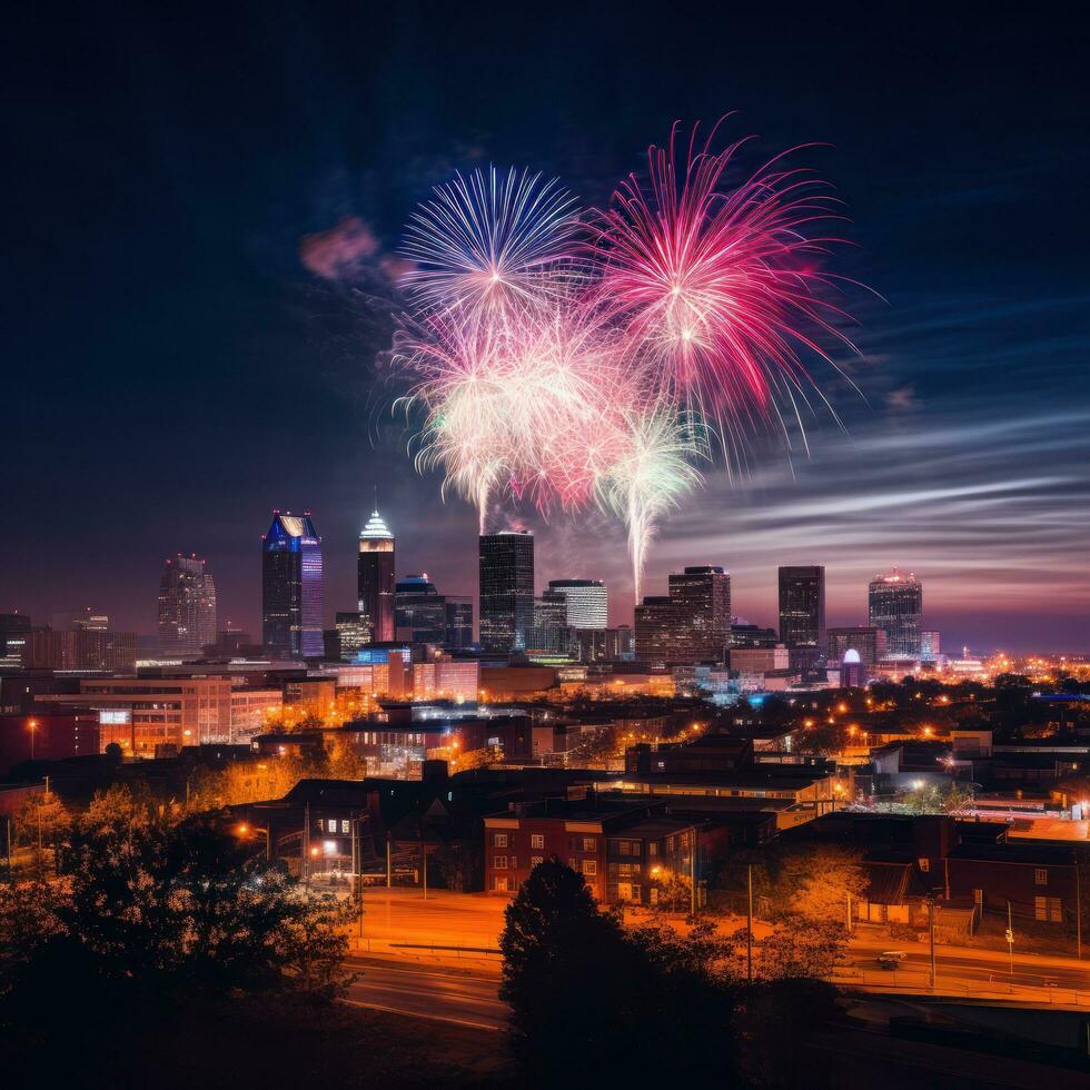 Spectacular fireworks display over downtown buildings photo