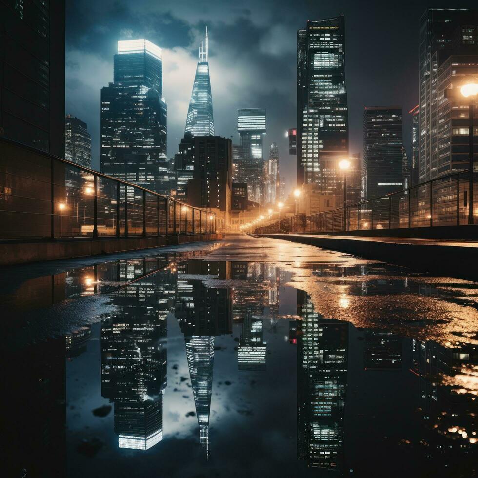 reluciente ciudad luces reflejado en vaso rascacielos foto