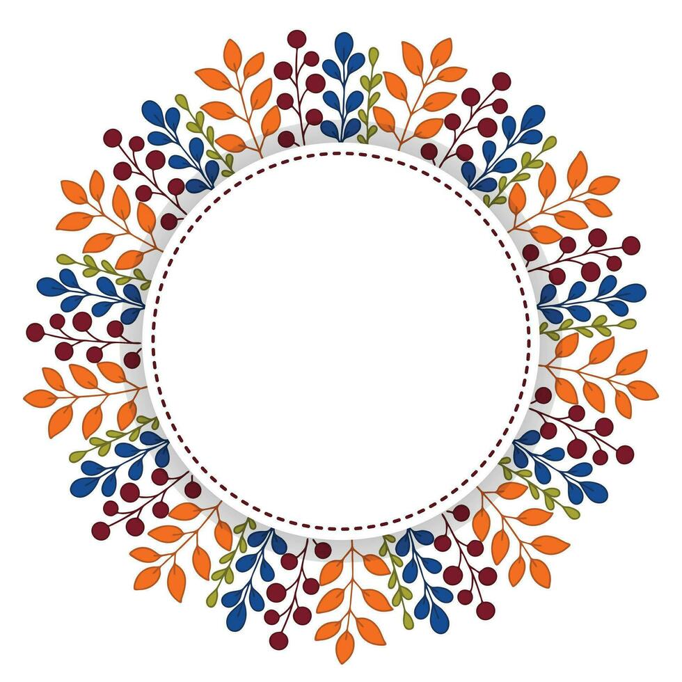 Autumn decorative round frame. Pattern with autumn elements - leaves, branches, berries. Vector illustration in doodle style