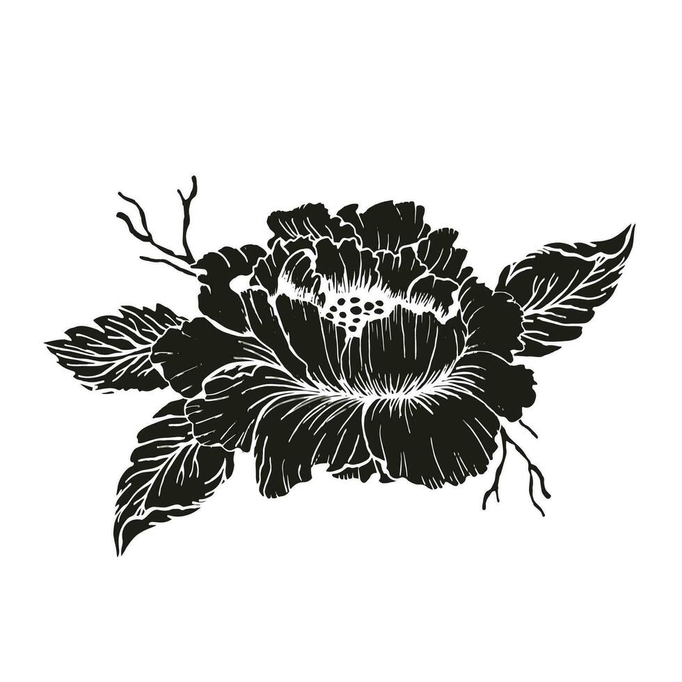 Chines peonies flower wreath frame for design card or invitation Floral ink hand drawn design. Chines peon with leaves vector