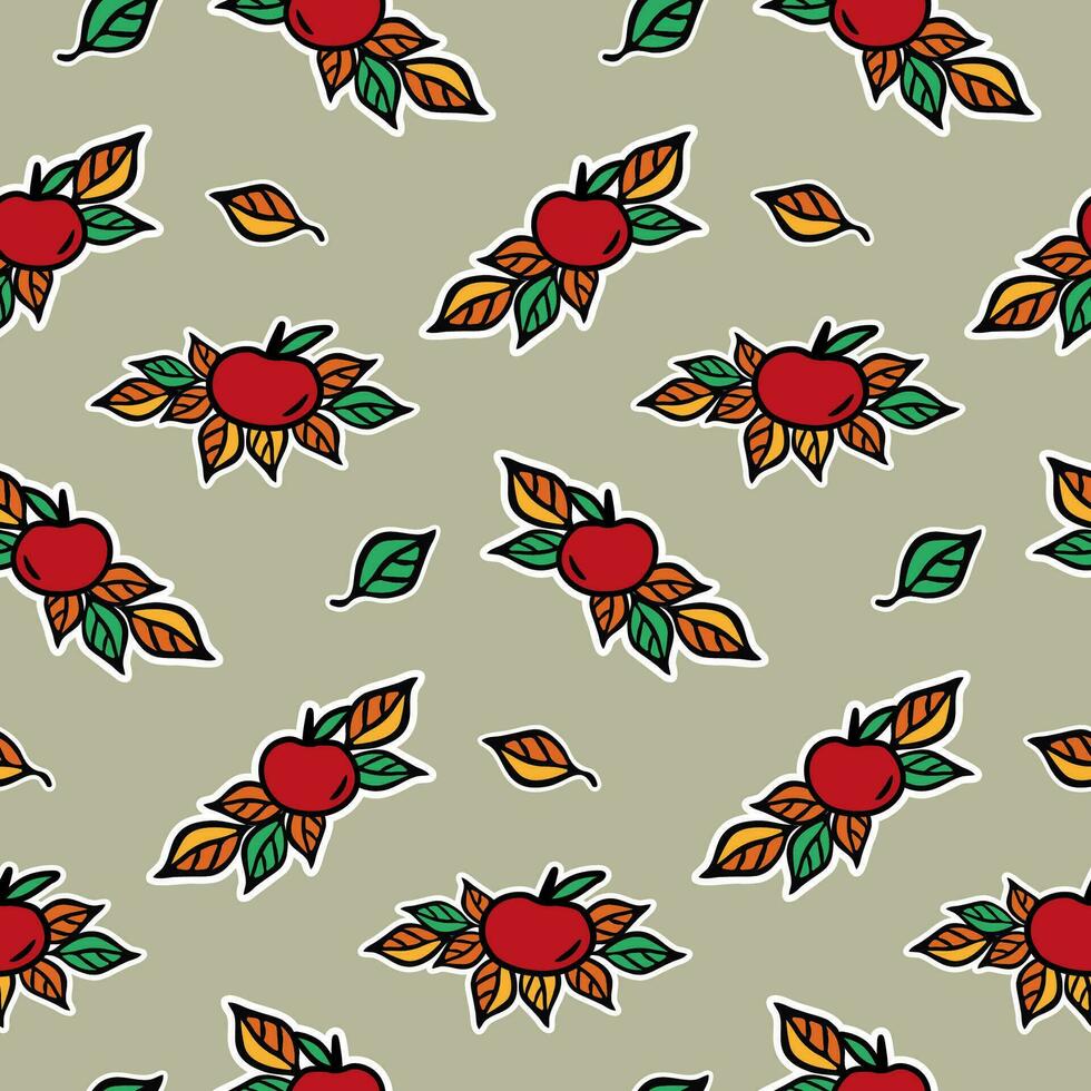 Red apple with leaves seamless pattern for textile, scrapbook or wallpaper, autumn harvest vector background