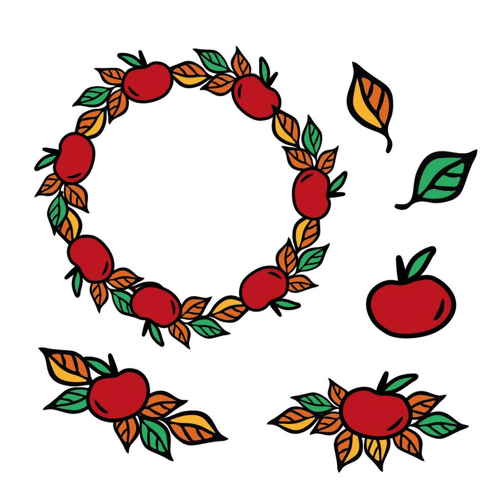 Red apple clip art Fall harvest wreath , hand drawn vector illustration for card or invite