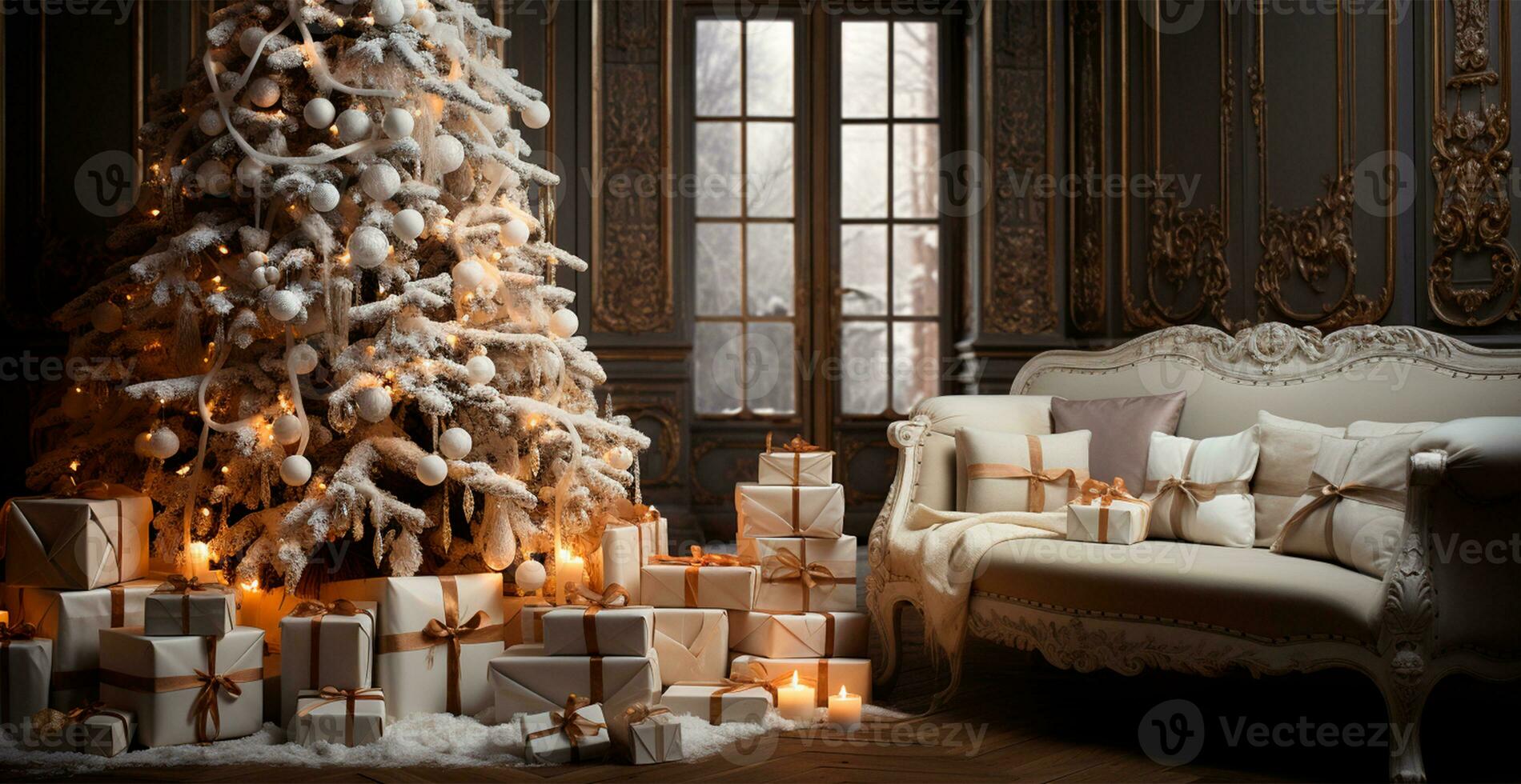 Christmas tree with New Year's gifts, family Christian home holiday - AI generated image photo