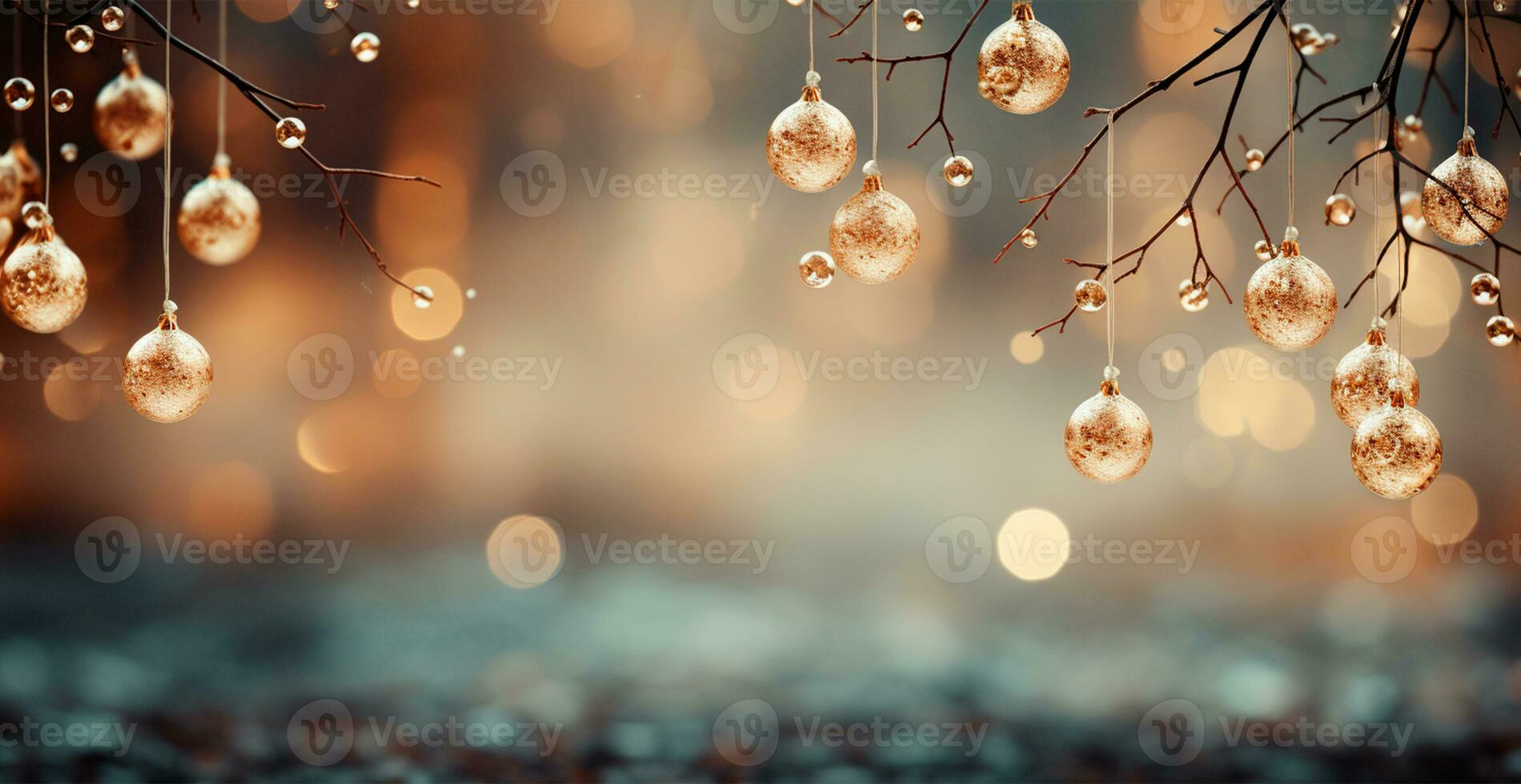 Panoramic Christmas background, light New Year balls on a blurred background - AI generated image photo