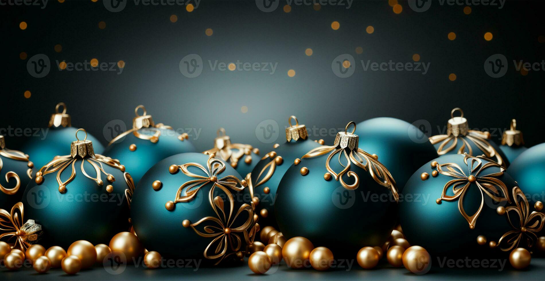 Panoramic Christmas background, light New Year balls on a blurred background - AI generated image photo