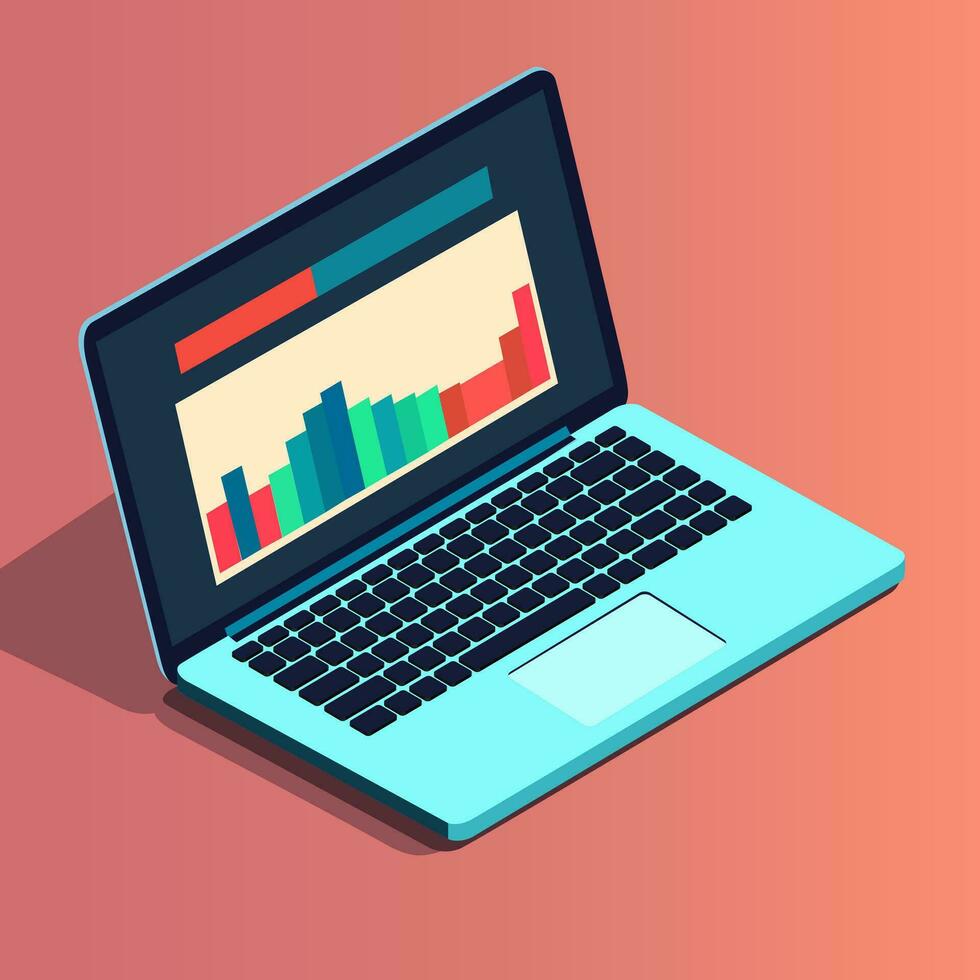 Open working laptop with diagrams on the screen. Isometric vector illustration isolated on red background