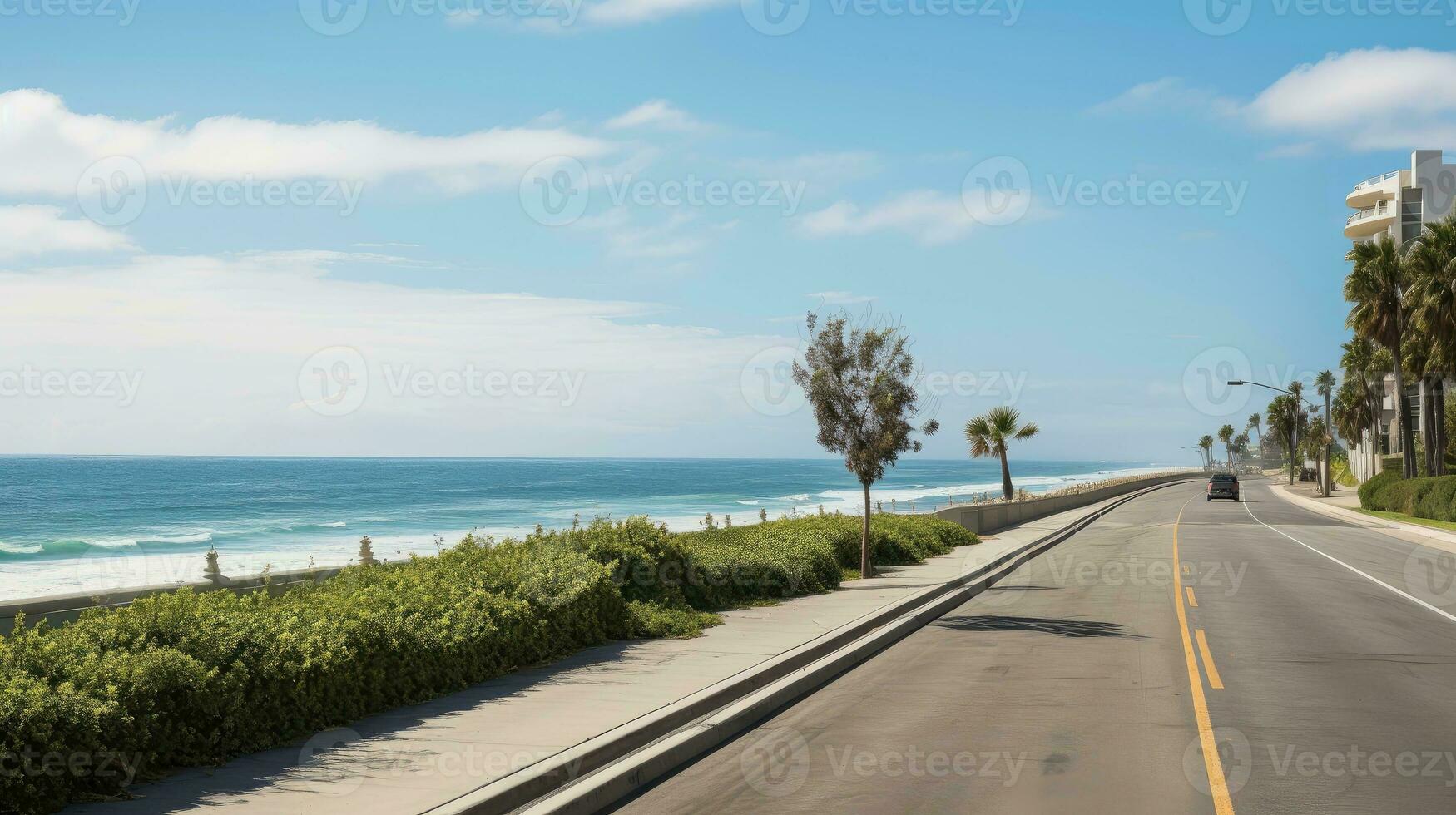 Empty asphalt road beside the sea background, highway beside the sea, outdoors horizontal image, Generative AI illustration photo