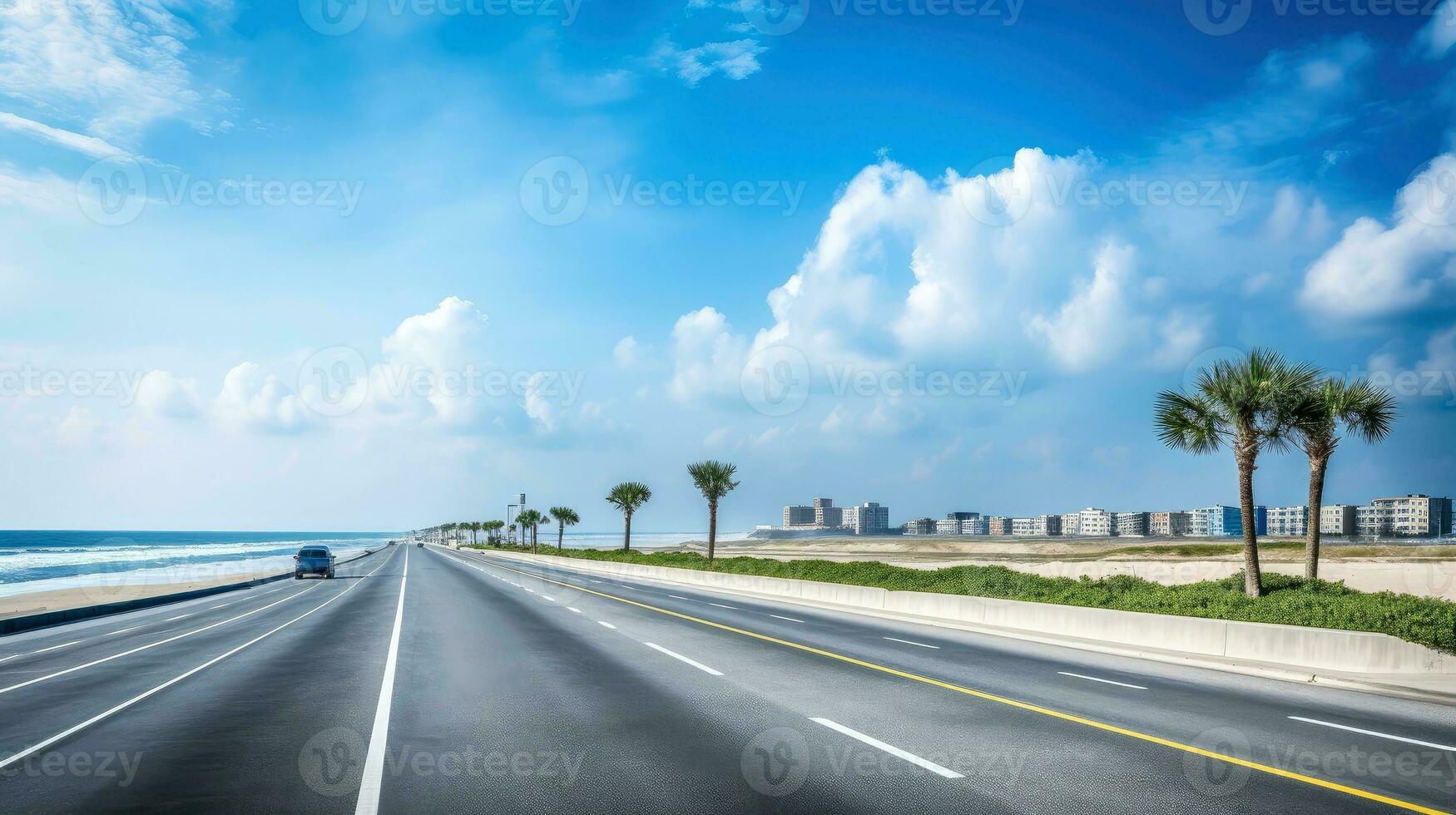 Empty asphalt road beside the sea background, highway beside the sea, outdoors horizontal image, Generative AI illustration photo