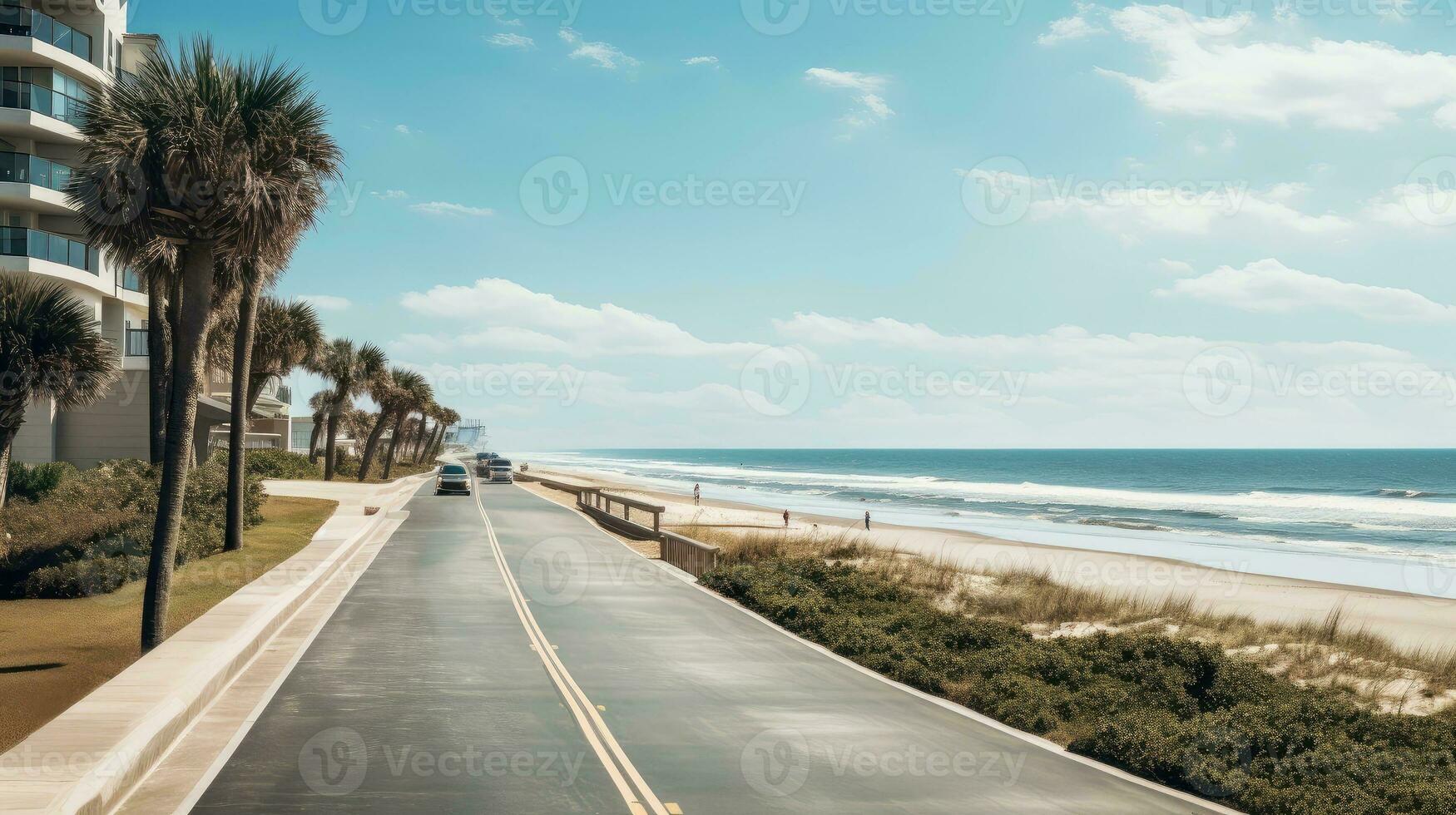 Empty asphalt road beside the sea background, highway beside the sea, outdoors horizontal image, Generative AI illustration photo