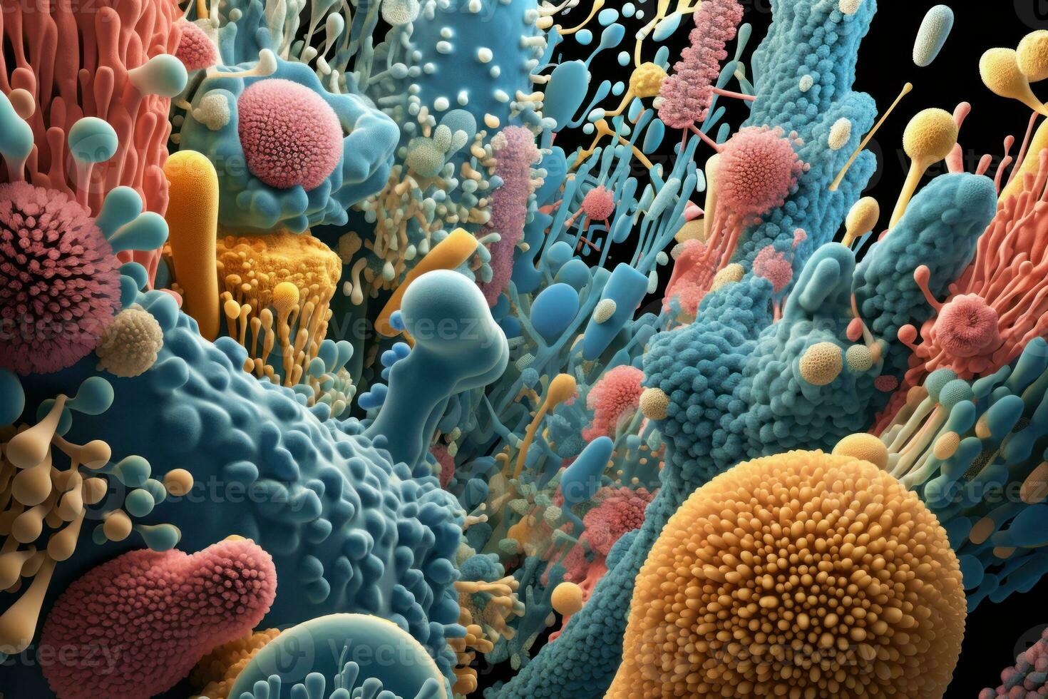 Bacterial diversity. Microscopic view of various bacteria species, diverse shapes and arrangements. Bacterial cells, cell walls, flagella, pili, biofilm formation. Microbiological. AI Generated photo