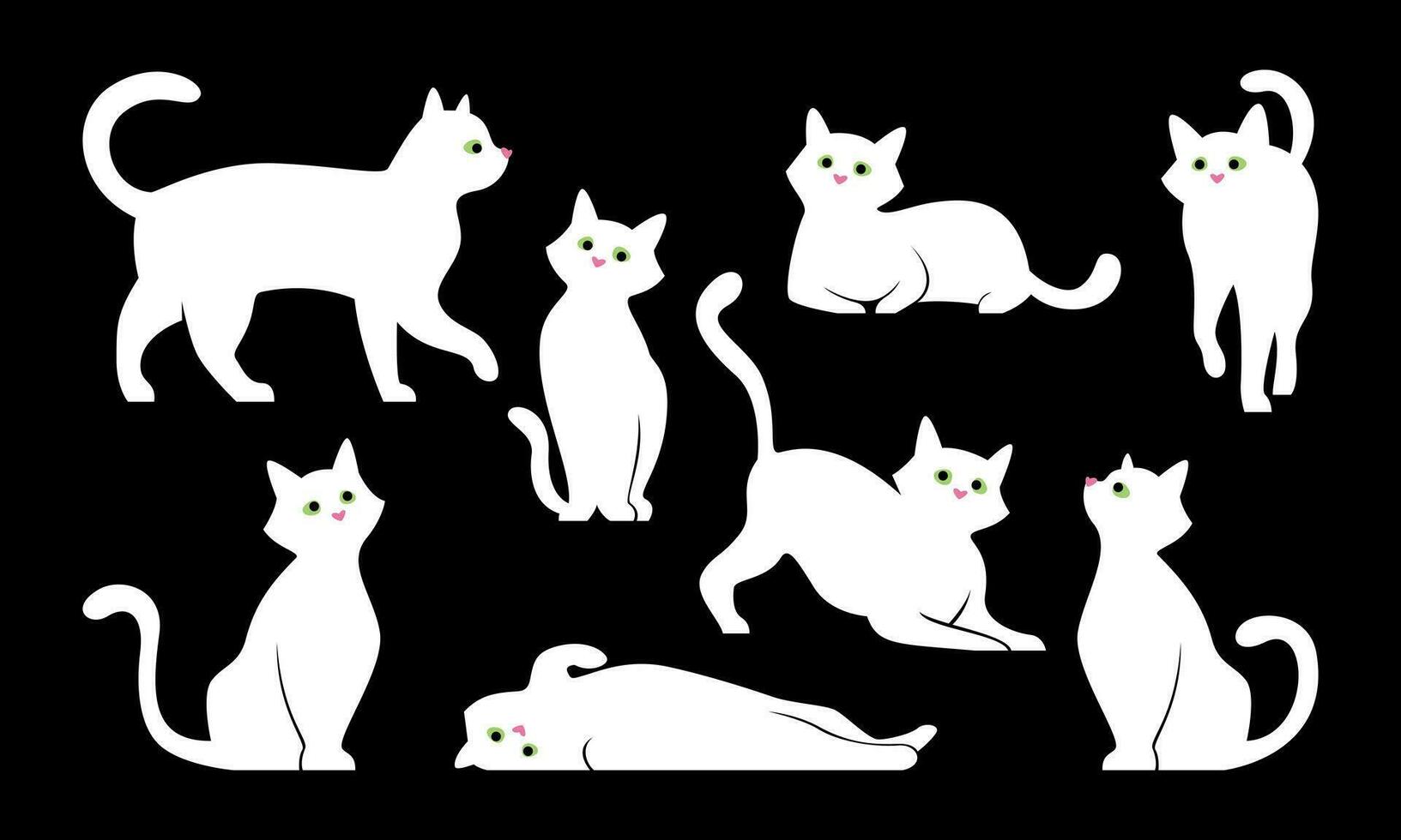 Variants of cat poses. Vector set of white cat with green eyes, illustration isolated on black