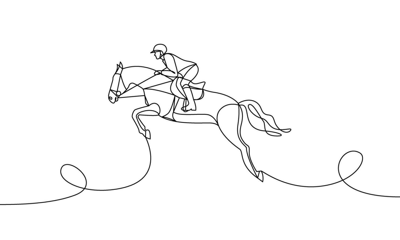 Single solid drawing of a rider with a bay horse in a show jumping show. Equestrian. One line drawing vector illustration