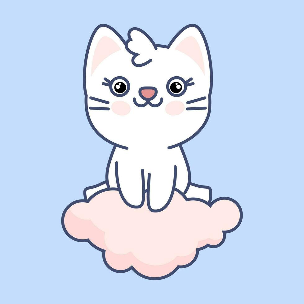 linda kawaii blanco gato sentado en un rosado nube vector