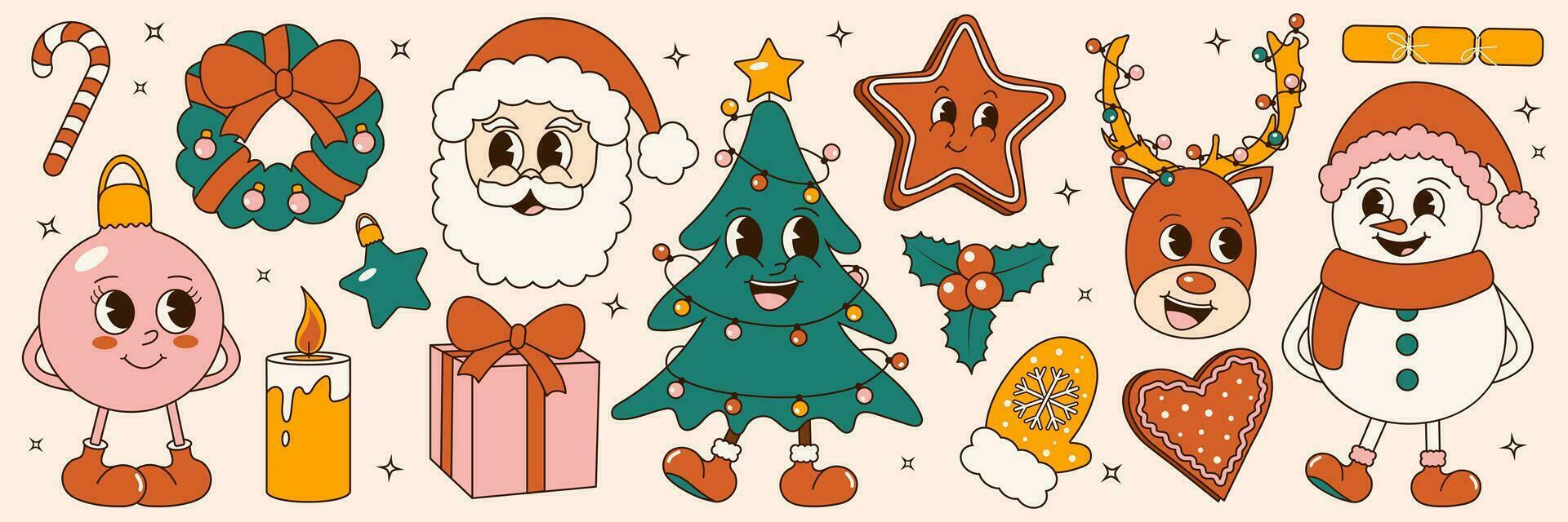 maravilloso 70s Navidad pegatina colocar. de moda retro dibujos animados estilo. cómic dibujos animados caracteres y elementos. Navidad árbol, muñeco de nieve, pan de jengibre, Papa Noel vector