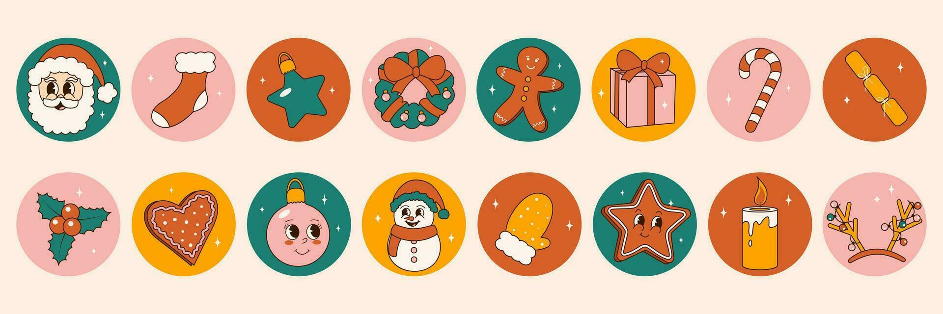 Groovy 70s Christmas sticker set. Trendy retro cartoon style. Comic cartoon characters and elements. vector