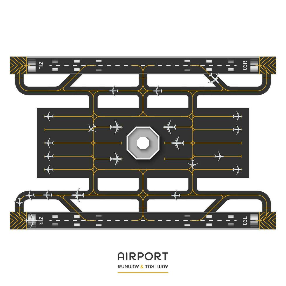 Top view of airport runway and taxi way with airplane, vector illustration